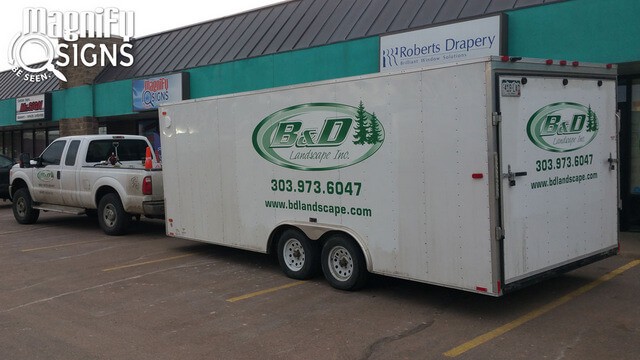 Landscape contractor work trailer graphics - vehicle wraps and custom vehicle lettering with Magnify Signs