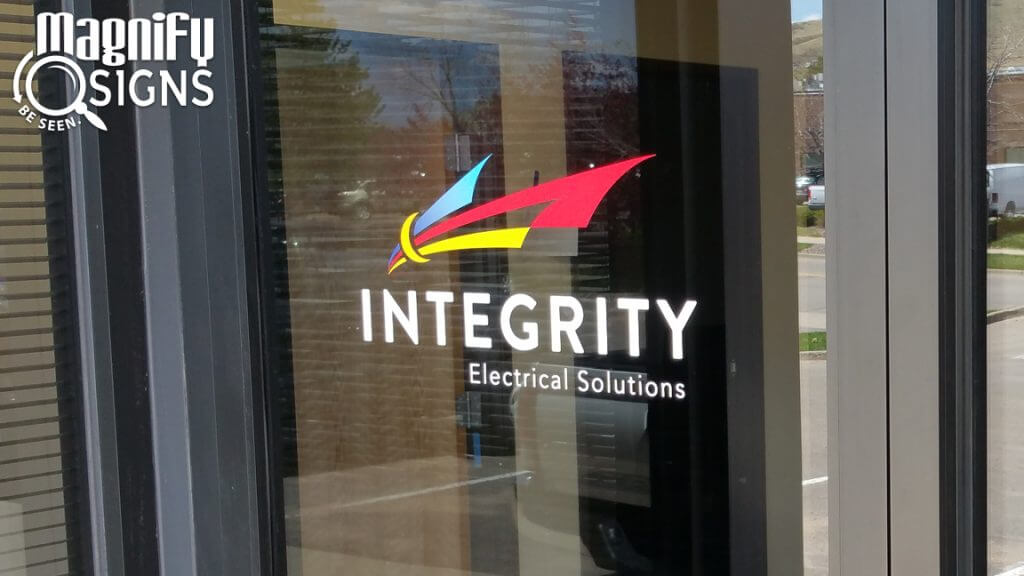 Custom Cut Vinyl lettering and logo window graphics sign for Integrity Electric in Golden, CO