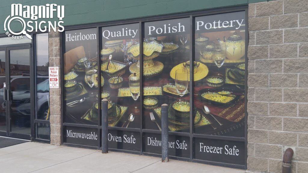 Perforated Window Vinyl sign for Polish Pottery in Englewood, CO