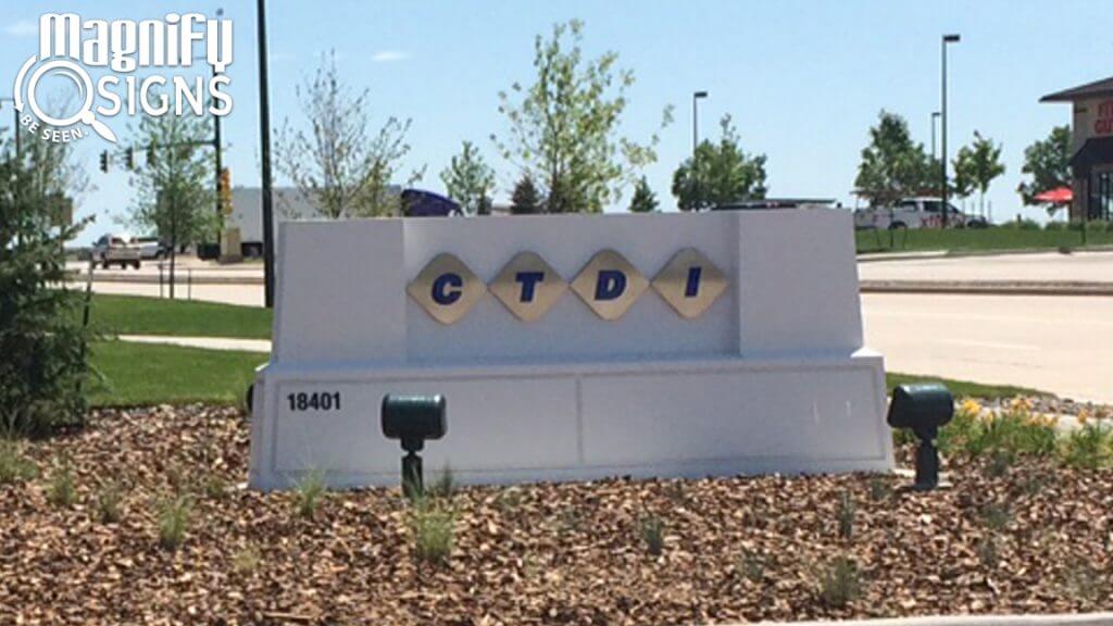 Monument sign with Custom Routed Aluminum Channel Letters for CTDI in Aurora, CO