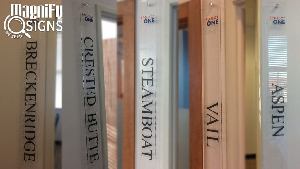 Vertically Mounted Acrylic Conference Room Signs for Project One in Centennial, CO