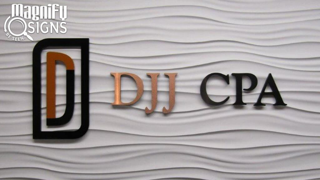 Custom Acrylic Lobby Sign with Brushed Copper Face in for the office of DJJCPA in Denver, CO