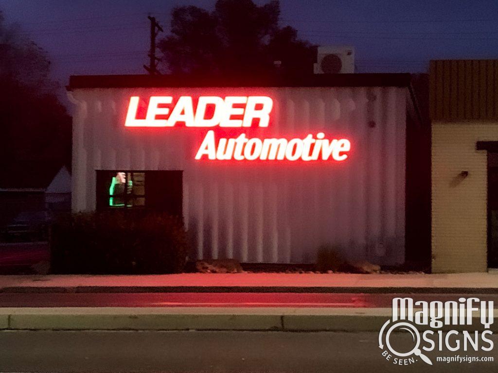 Leader automotive-lit channel outdoor building sign exterior | MagSigns: expert signage services