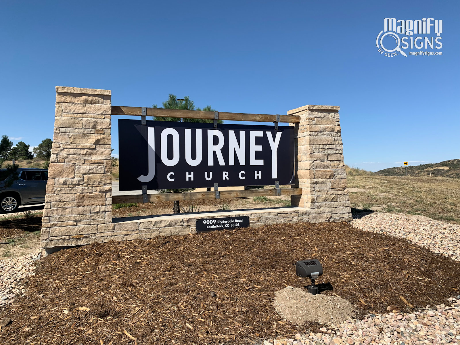 Journey Church-Monument sign with aluminum backer and full graphic print outdoor sign | MagSigns: expert signage services