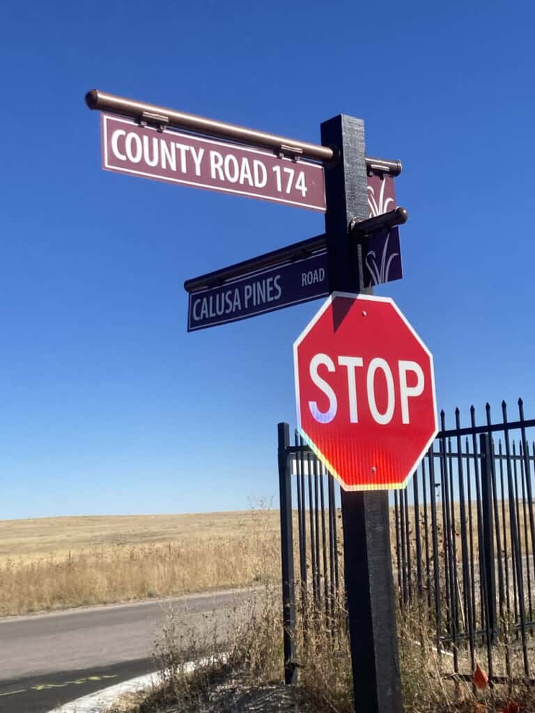 A stop sign stands at the corner of County Road 174 and Calusa Pines Road, next to a black iron fence under a clear blue sky with dry grass fields in the background.