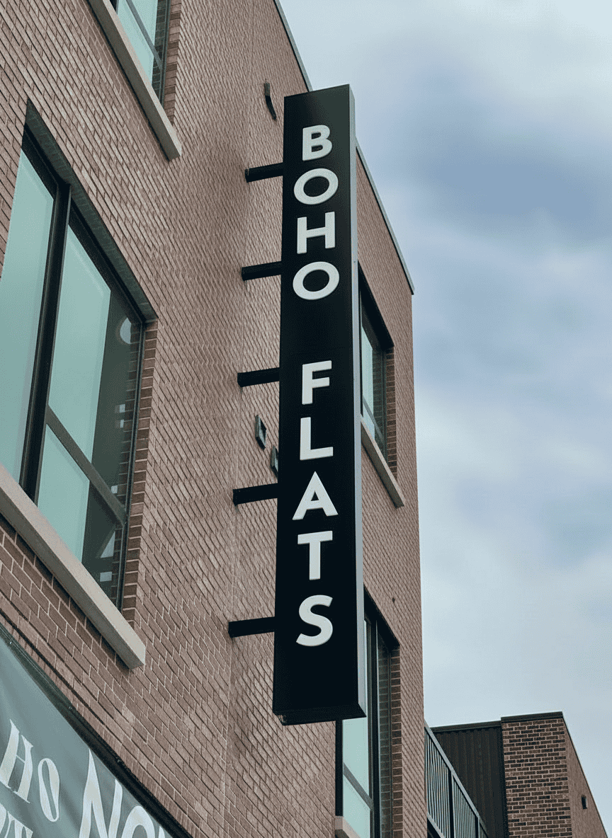 A vertical black sign with white letters reading BOHO FLATS is mounted on the side of a brick building against a cloudy sky.