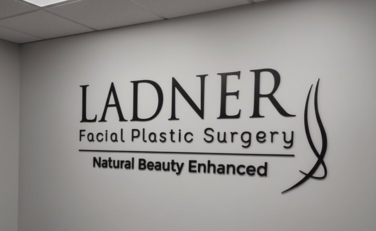 Wall sign reading “LADNER Facial Plastic Surgery. Natural Beauty Enhanced” with a stylized curved line graphic, on a light-colored wall under a ceiling with recessed lighting.