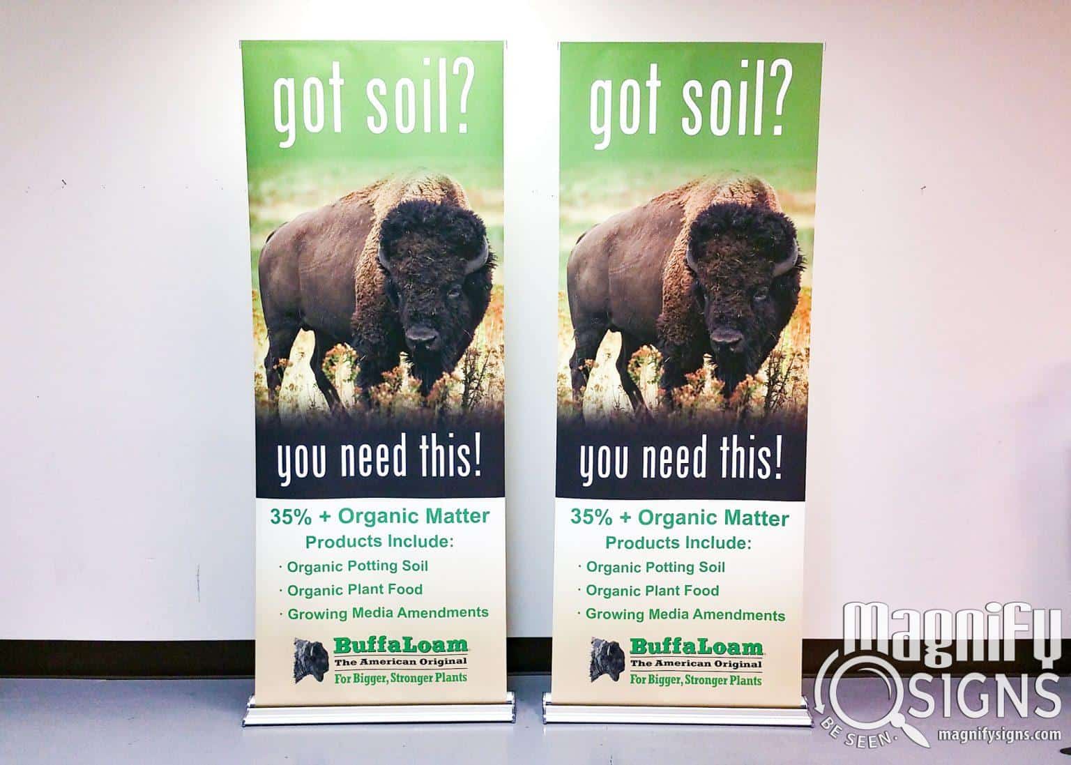 Two vertical banners display a bison standing in grass, with text: “got soil? you need this! 35%+ Organic Matter Products Include: Organic Potting Soil, Organic Plant Food, Growing Media Amendments.” Buffalo and company logo below.